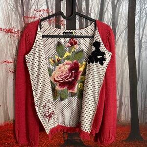 Red Cardigan with Floral Embroidery